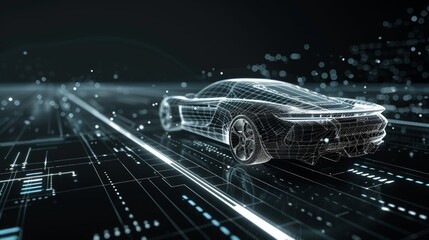 Fototapete - This is a wireframe illustration of a modern car with hi-tech user interface details in a dark environment, with a font view (3D illustration).