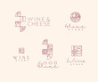 Wine art deco lettering labels drawing in linear style on light background