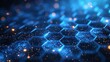 The blue hexagon background is reminiscent of a futuristic honeycomb concept with waves of particles. The rendering is in 3D.