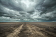 Dramatic landscape with overcast sky, featuring expansive barren fields leading to a distant horizon, conveying a sense of desolation and vastness.