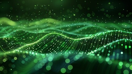 Sticker - An abstract background with dots of green wave light. 3D rendering of big data technology.