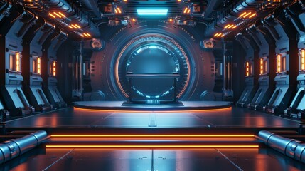 Leinwandbilder - Platform studio with hi-tech retro stage and futuristic science and technology theme in a spaceship with electric wire lamp and engine. 3D illustration rendering graphics depict high-tech product.
