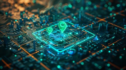 Poster - A futuristic interface for a spy program. A dynamic and modern HUD. A green marker. An indicator on the map. Satellite view. Hi-tech. 3D render concept illustration.