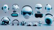Set of future technology 3D icons. Drone, AI, VR headset, NFT and robot symbol. Rendering in 3D.