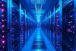 © Ifti Digital - Multiple rows of servers in operation in a large data center, with blinking lights and cables connecting the units, A three-dimensional representation of a large scale server, AI Generated