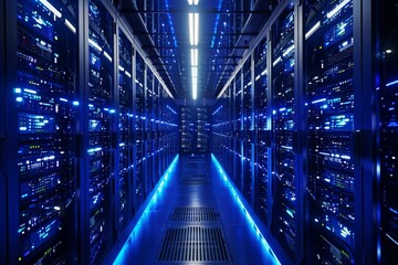 Poster - A massive room filled with multiple rows of servers that are actively processing data, A three-dimensional representation of a large scale server, AI Generated