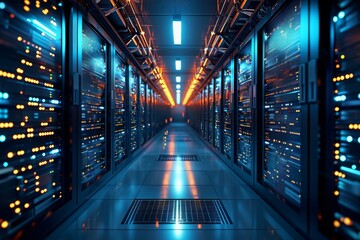 Poster - A long hallway filled with neatly arranged rows of servers, providing efficient data storage and processing capabilities, A three-dimensional representation of a large scale server, AI Generated