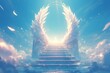 A heavenly gate with angelic wings and steps leading to the sky, symbolizing entrance into heaven. 