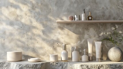 Poster - Natural beauty backdrop with cement stone background for cosmetic products. 3D rendering.