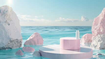 Poster - A natural beauty podium backdrop with a cylinder box for displaying cosmetic products. Background composition of abstract 3D scenes. Taken from a seascape background.