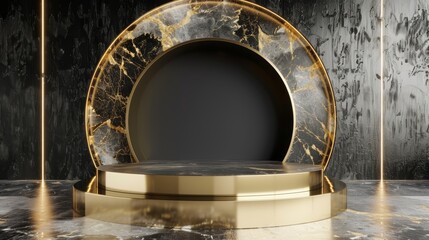 Leinwandbilder - 3d rendering of a black, marble, and gold podium backdrop for product presentation in the beauty and fashion industry.