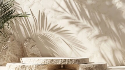 Aufkleber - Backdrop for cosmetic product display. Stone texture, tropical palm leaves shadow. 3D rendering.