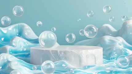 Poster - Backdrop for cosmetic product presentation using natural beauty background with bubbles. Abstract 3D seascape scene background.