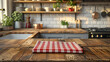 Warm Sunlight on Rustic Kitchen Counter with Gingham Cloth, Generative AI