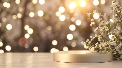 Poster - The background is bokeh and the podium is for displaying the product. The rendering is in 3D.