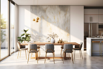 Canvas Print - Modern studio kitchen design, dining area with marble top table and abstract art on the wall