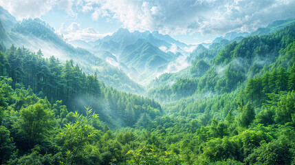 panorama view of a green asian landscape with misty forests and mountains