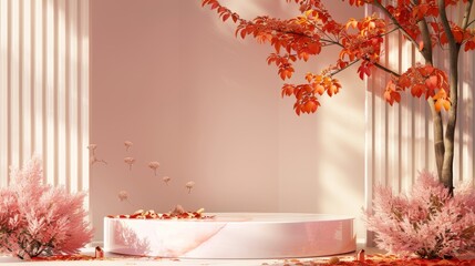 Sticker - An autumnal backdrop for a product display with a natural beauty podium backdrop. 3D rendering.