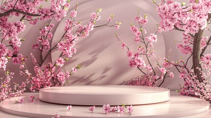 Poster - spring sakura cherry blossom tree podium backdrop. 3d rendering.