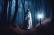 A grim reaper reaching for the camera on a dark, foggy background with space to copy