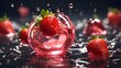 A photorealistic image showcasing a modern mockup with pink drops of strawberry or cherry juice, fruit drink, and clear bubbles. The focus is on realistic rendering of the liquid drops, bubbles, and t