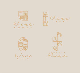 Wall Mural - Wine art deco labels with lettering drawing in linear style on beige background