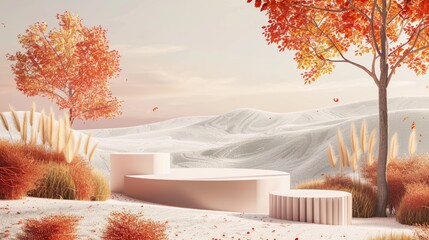 Poster - An abstract autumn landscape scene with a podium to display products.
