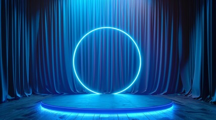 Fototapete - A blue podium floating in the air on a blue neon ring-encircled curtain