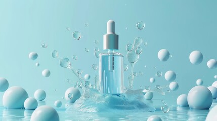Poster - The 3D illustration shows the collagen skin serum and vitamin on the blue color background. The concept of skin care cosmetics solution is presented in a 3D rendering.