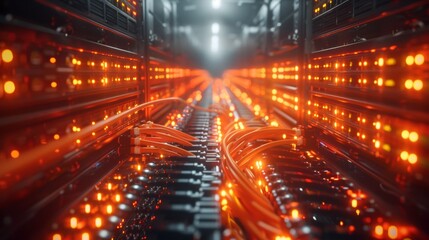 Poster - An endless loop of seamless looping animation. Countless orange cables in a modern server room cabinet illuminated by a single spotlight in a dark render farm. Colorful ethernet cables organized