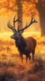 Fototapeta  - Portrait of a deer stag during rutting season in the forest at sunset. Landscape nature background
