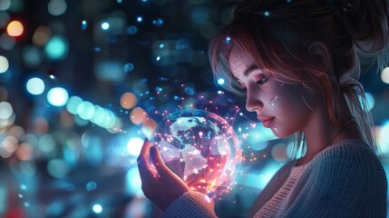Aufkleber - In a businesswoman's 3D rendering, she uses a digital tactile phone to send information to the world