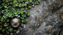A Rock With A Small Silver Ball On Top Of It. The Rock Is Surrounded By Green Plants