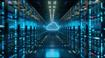 Aufkleber - A 3D rendering of a server room data center with a cloud blue icon floating inside