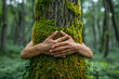 © smth.design - Embracing Nature: Hands Wrapped Around a Mossy Tree in Lush Forest
