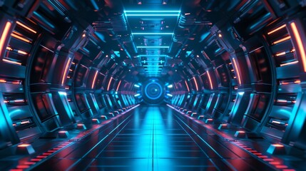 Poster - Blue light sci-fi spaceship corridors, science fiction background