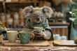 Adorable Koala Enjoying a Cozy Tea Time at Wooden Table
