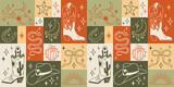 Fototapeta Pokój dzieciecy - Seamless pattern with various doodle line style trendy cowboy boots, hats, cow scull, snake. Boho American western desert elements.Vector cowgirl illustration. Simple tattoo mosaic background