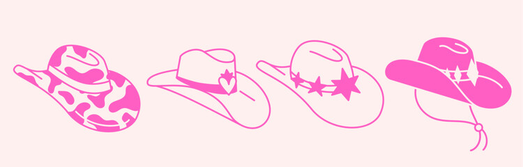 Set of various doodle line style trendy cowboy hats . Boho American western desert elements.Vector funky illustration. 