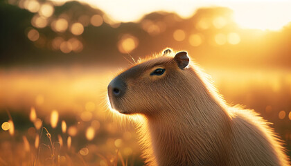Poster - A capybara in a field during golden hour. The scene captures the capybara in side profile, with the warm sunlight enhancing