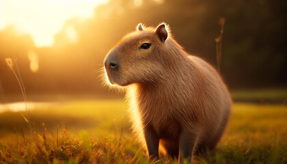 Wall Mural - A capybara in a natural grassy habitat during golden hour. The capybara is standing calmly, with the warm sunlight softly