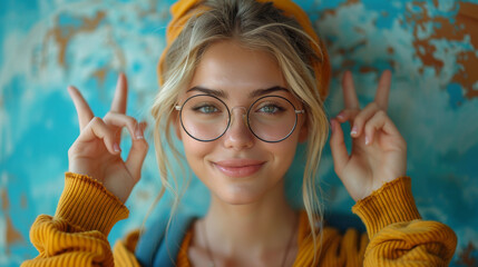 Sticker - Portrait of attractive cheerful skilled girl using laptop showing ok-sign winking isolated over bright blue color background.