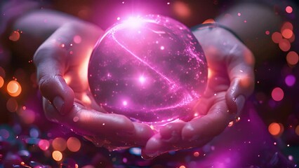 Wall Mural - Magician or fortune teller with crystal ball looks into the future. Female fortune teller holding a magic crystal ball witch calling spirits to talk. Spiritual magic lights. Fortune teller 4k.