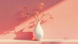 Delicate pink flowers in a white vase, casting long shadows on a pink wall, creating a play of light and color.