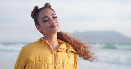 Poster - Woman, thinking and smile at beach on holiday, breeze and travel to Jamaica for summer vacation. Black female person, mindfulness and wind by ocean waves for peace, happy and weekend trip to island