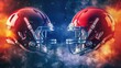 American football helmets standing in front of each other in challenge around red flame and blue smoke