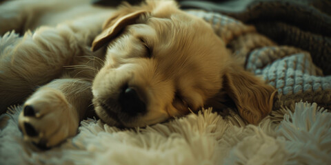 Wall Mural - Serene Golden Retriever Puppy Sleeping Peacefully on Cozy Blanket