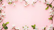 Border of white spring flowers on a light pink background with space for text