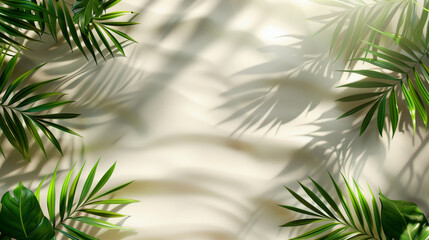 Wall Mural - Tropical palm leaves casting shadows on a sandy beige background with sunlight.