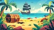 Treasure chest buried on island beach by pirate. Modern cartoon illustration of seascape with wooden ship with sword on black sails, tropical island and captain's hat in dug hole.
